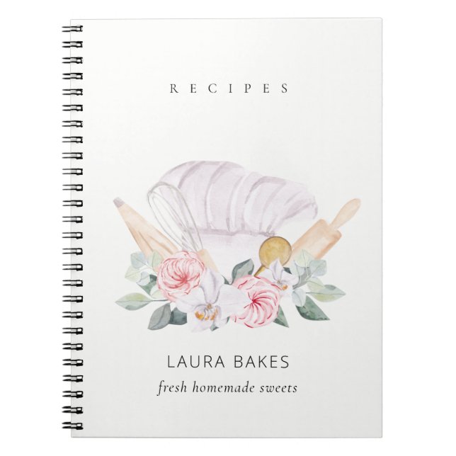 Blush Chef Hat Cookbook Floral Roller Whisk Recipe Notebook (Front)