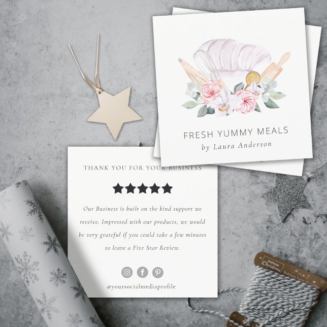 Blush Chef Hat Floral Roller Whisk Review Request Square Business Card (Creator Uploaded)