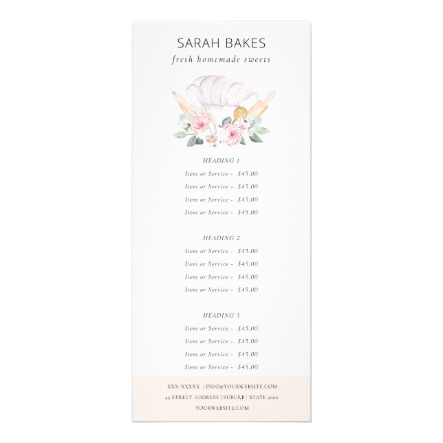 Blush Chef Hat Floral Whisk Bakery Service Price Rack Card (Front)