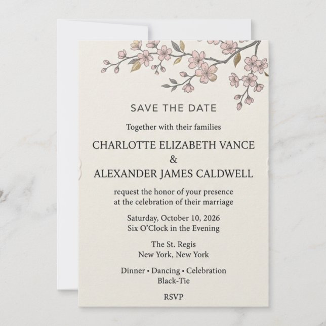 Blush Cherry Blossom Branch Save the Date Invitation (Front)