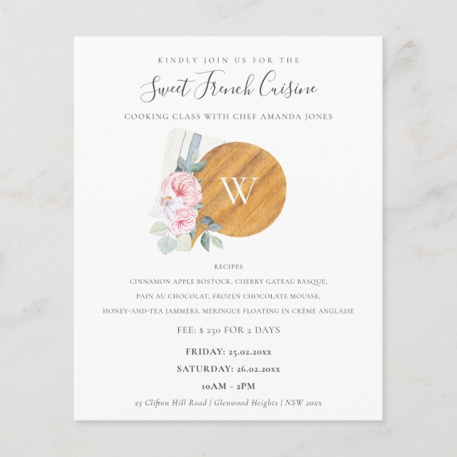 Blush Chopping Board Floral Bakery Cooking Class Flyer (Front)