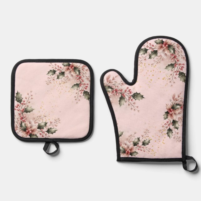 Blush Christmas Holly Foliage Design Oven Mitt & Pot Holder Set (Front)