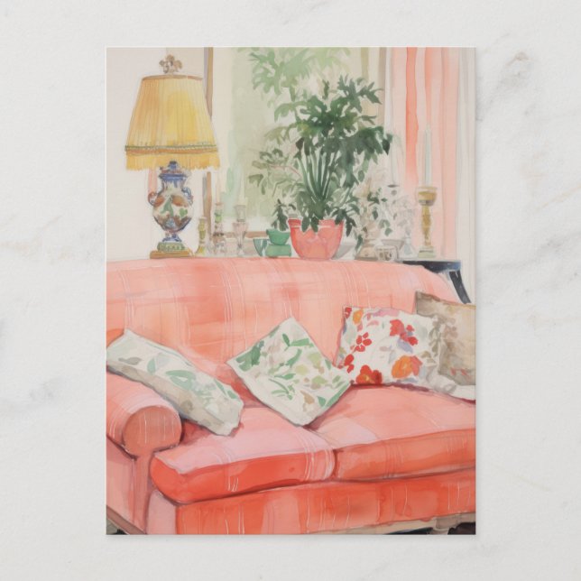Blush Comfort – Watercolor Pink Couch Living Room Postcard (Front)