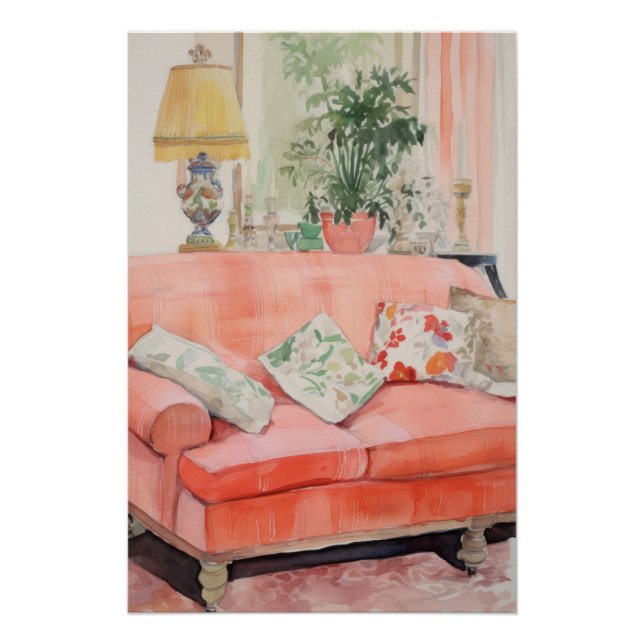 Blush Comfort – Watercolor Pink Couch Living Room Poster (Front)