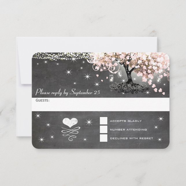 Blush Coral Chalkboard Pink Heart Leaf Tree RSVP (Front)