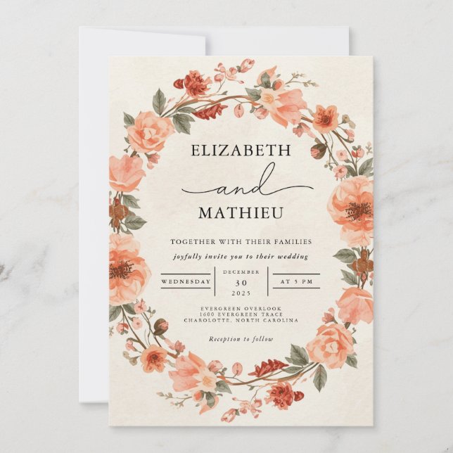 Blush Coral Floral Wreath Wedding Invitation (Front)