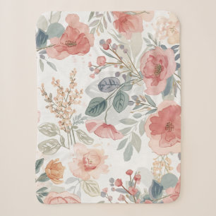 Blush Coral Garden Floral Watercolor Pattern Sherpa Blanket