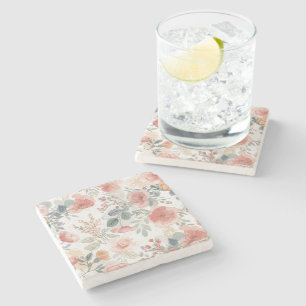 Blush Coral Garden Floral Watercolor Pattern Stone Coaster
