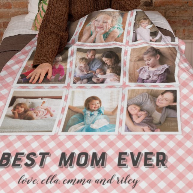 Blush Coral Gingham Best Mum Ever Photo Collage Fleece Blanket (Creator Uploaded)