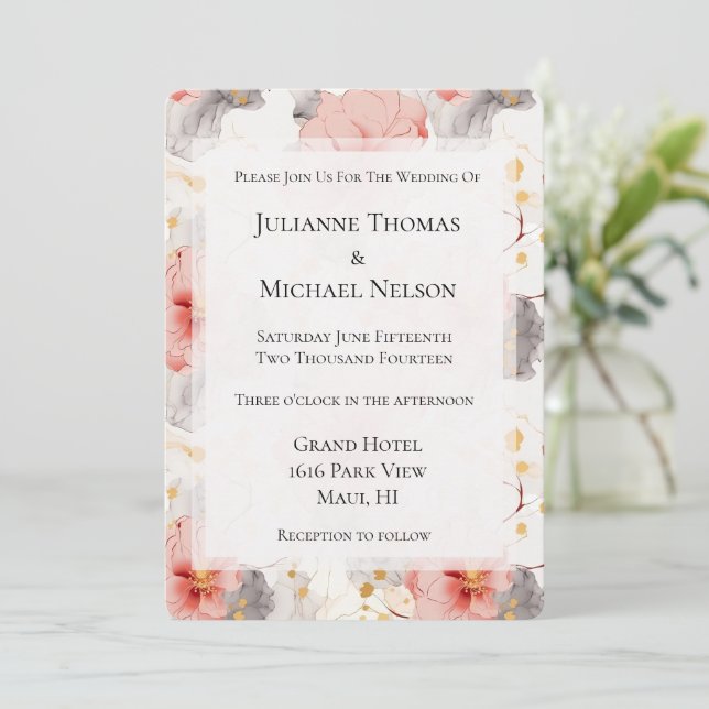 Blush Coral Grey Floral Wedding  Invitation (Standing Front)