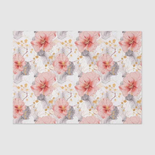 Blush Coral Grey Floral Wedding Tissue Paper (Front)