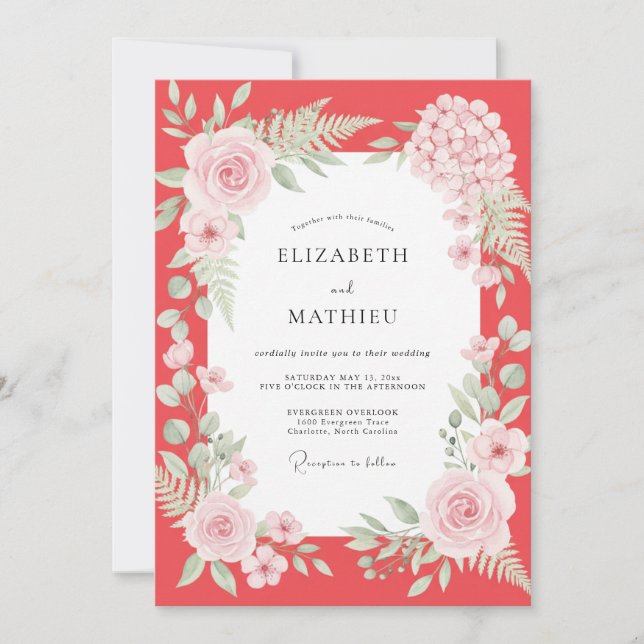 Blush Coral Painted Foliage Wedding Invitation (Front)