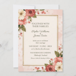 Blush Coral Poppy Gold Frame Wedding Invitation