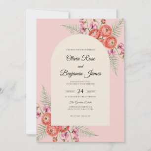 Blush Coral Ranunculus Eucalyptus Wedding Invitation