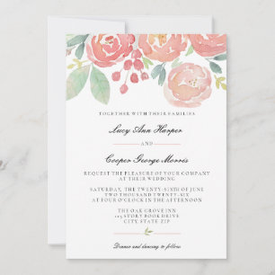 Blush Coral Watercolor Floral Wedding Invitation