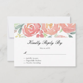 Blush Coral Watercolor Floral Wedding RSVP Card