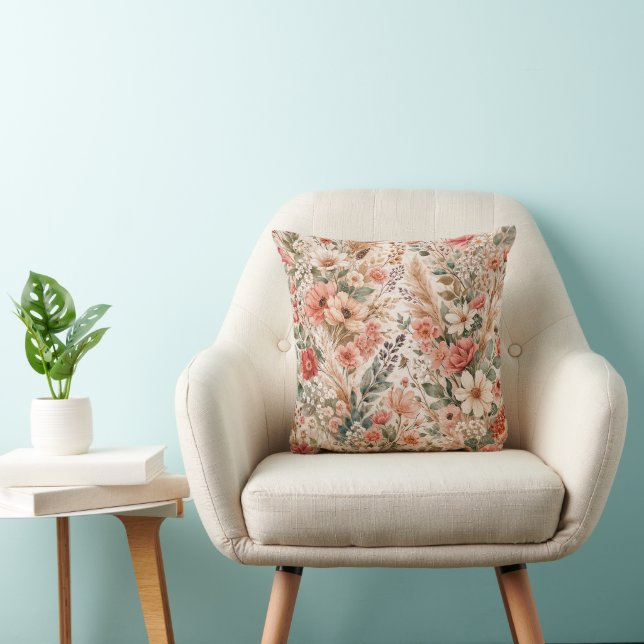 Blush Coral Wildflower Boho Garden Pattern Cushion (Chair)