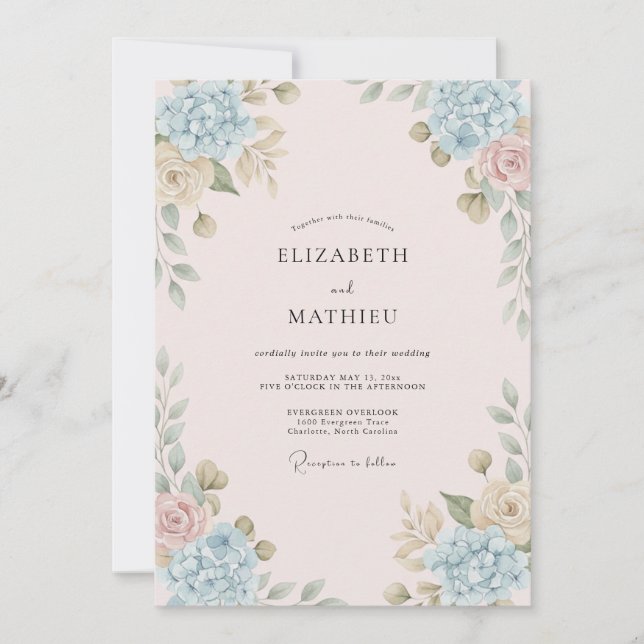 Blush Cornflower Peony Wedding Invitation (Front)