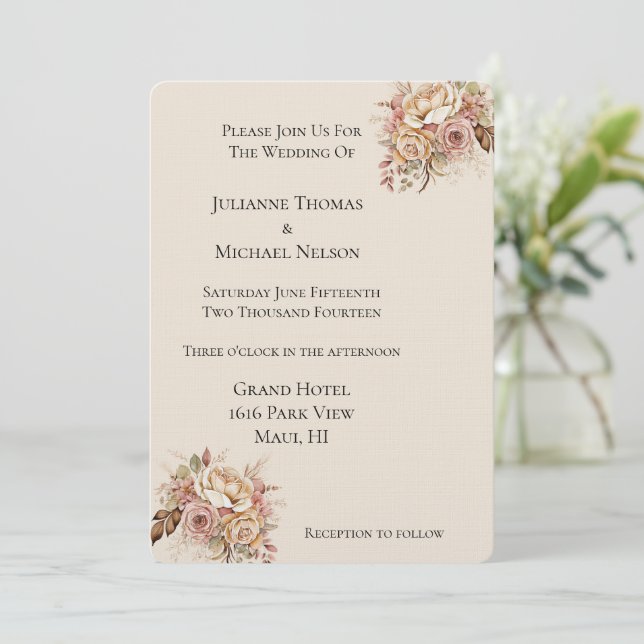 Blush Cream Boho Floral Wedding  Invitation (Standing Front)