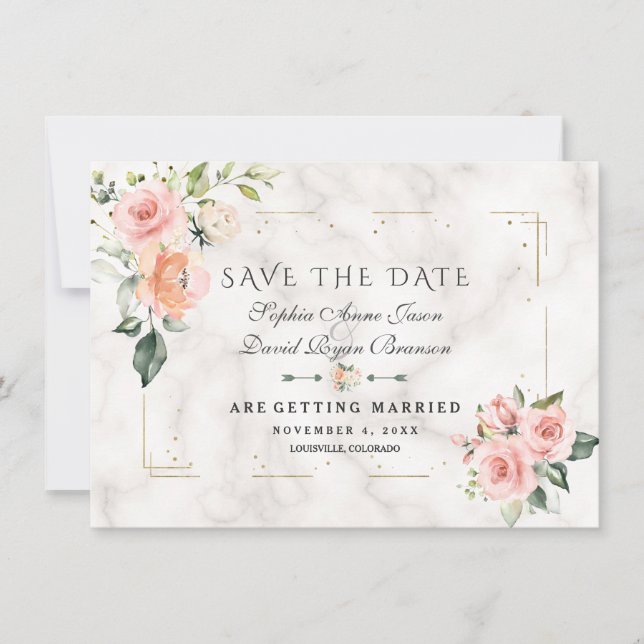 Blush Cream Floral Gold Glitter Marble Wedding Save The Date (Front)