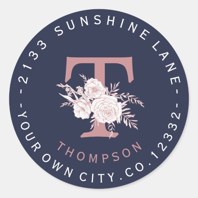 Blush Cream Floral Monogram Circular Address Label (Front)