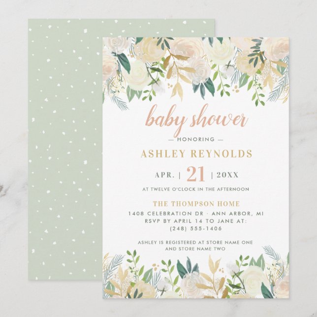 Blush Cream Gold Floral Greenery Girl Baby Shower Invitation (Front/Back)