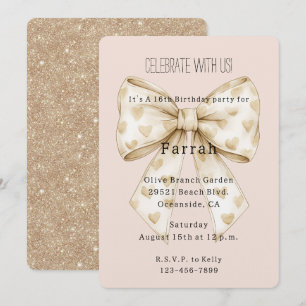 Blush Cream Hearts Bow Gold Glitter Birthday Invitation