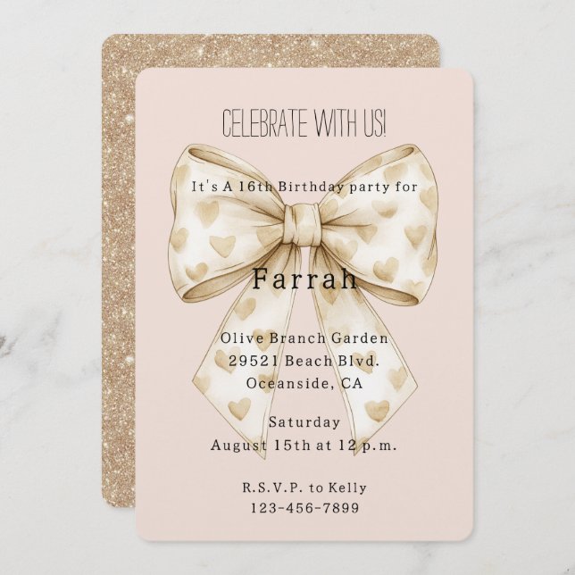 Blush Cream Hearts Bow Gold Glitter Birthday   Invitation (Front/Back)