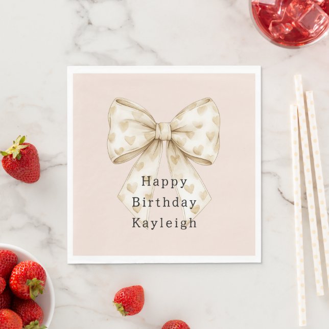 Blush Cream Hearts Bows Birthday Napkin (Insitu)