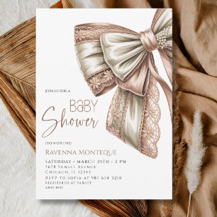 Blush Cream Lace Pearl Bow Elegant Baby Shower Invitation