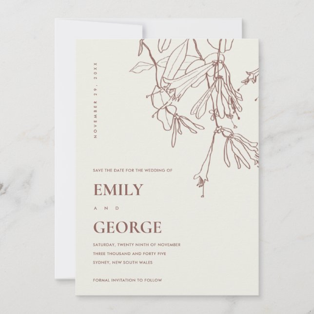 BLUSH CREAM LINE DRAWING FLORA SAVE THE DATE CARD (Front)