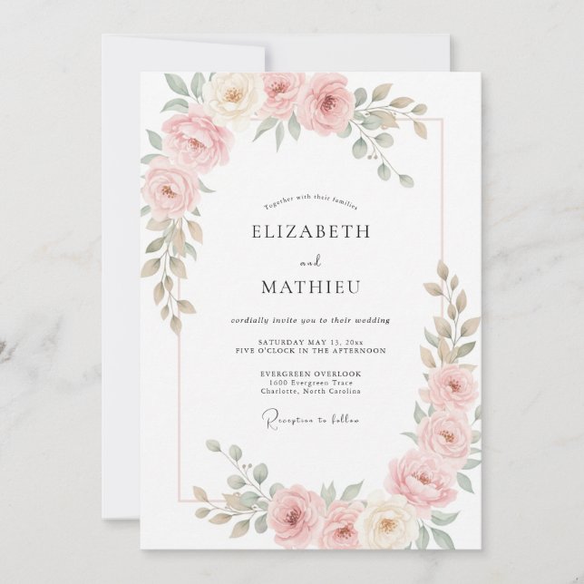 Blush Cream Peonies Eucalyptus Wedding Invitation (Front)