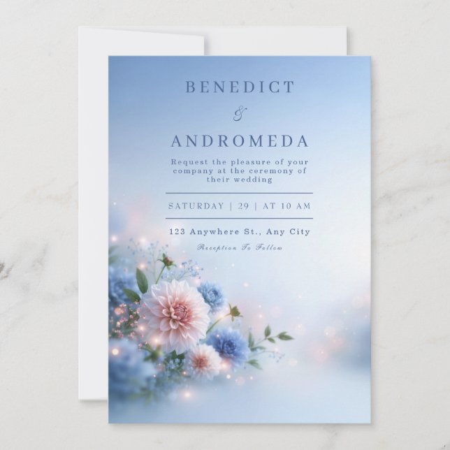 Blush Dahlia Blue Mist Bouquet Wedding Invitation (Front)