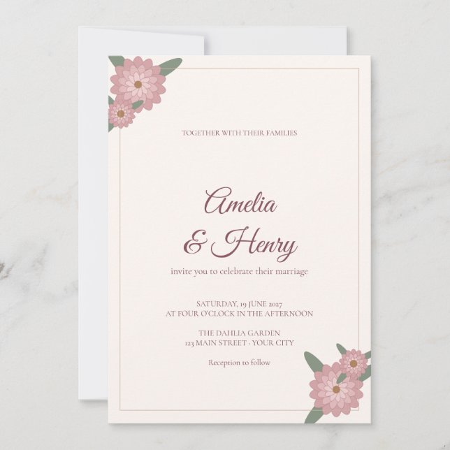 Blush Dahlia Garden Script Wedding Invitation (Front)