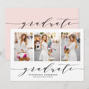 Blush Dainty Script Three Photo Graduation Party Invitation