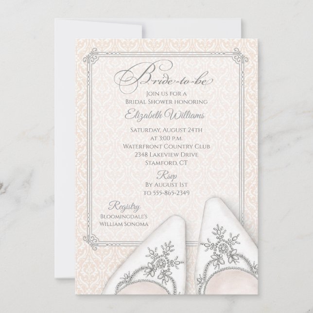 Blush Damask Embellished Bridal Shoes Invitation (Front)