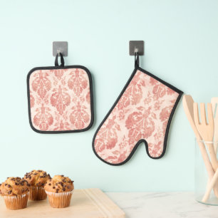 Blush Damask Watercolor Floral Vintage Pattern Oven Mitt & Pot Holder Set