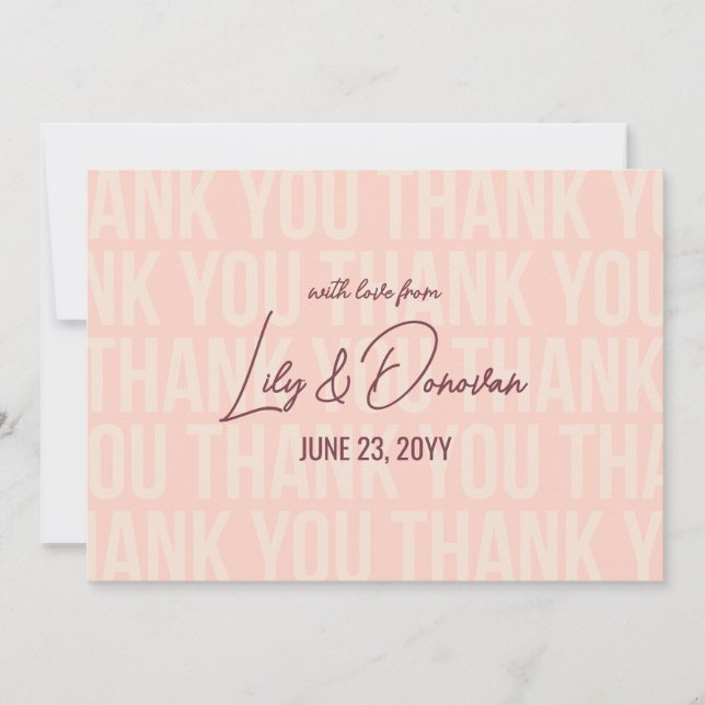 Blush & Dark Puce Modern Typograhpy Wedding Thank You Card (Front)