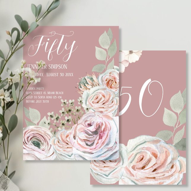 Blush Delicate watercolor flower palepink Birthday Invitation (Blush Delicate watercolor flower palepink Birthday Invitation - front and back)