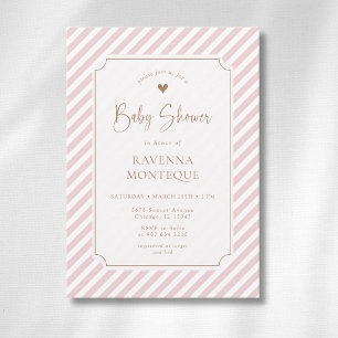 Blush Diagonal Striped Gold Frame Baby Shower Invitation