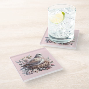 Blush Dove Nest with Flowers and Olive Branches Glass Coaster