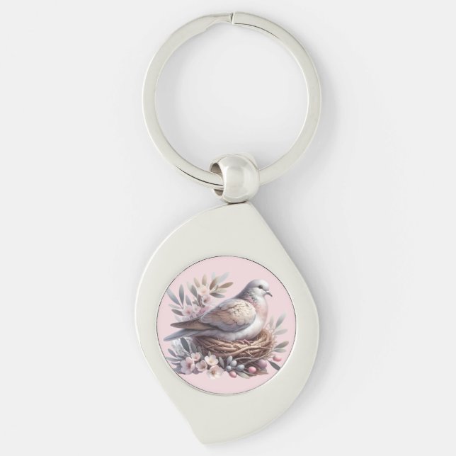 Blush Dove Nest with Flowers and Olive Branches Key Ring (Front)