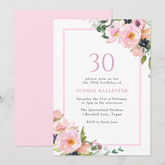 Blush Dreams Floral Womans 30th Birthday Party Invitation (Front/Back)