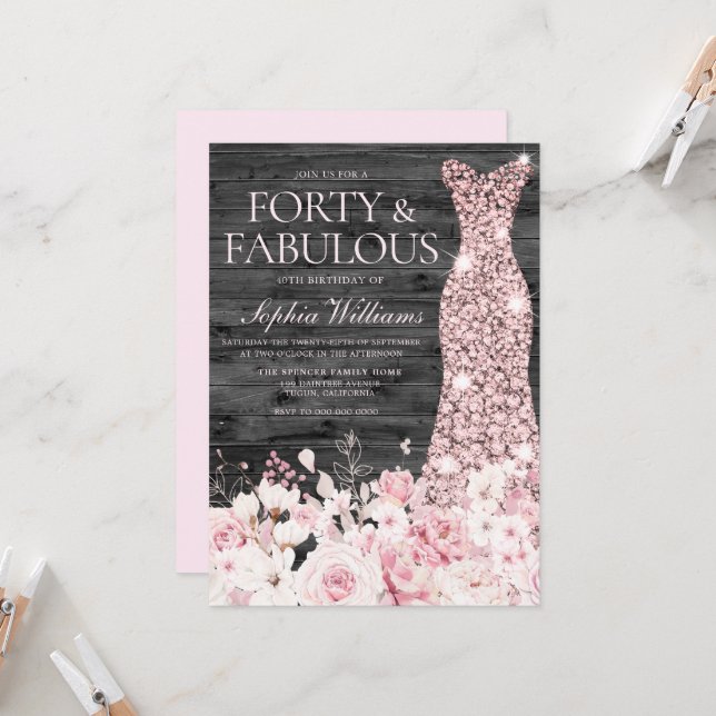 Blush Dress Flowers Charcoal 40th Birthday Party Invitation (Front/Back In Situ)
