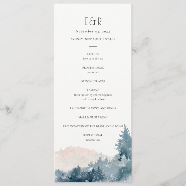 BLUSH DUSKY BLUE MOUNTAIN WEDDING CEREMONY PROGRAM MENU (Front)