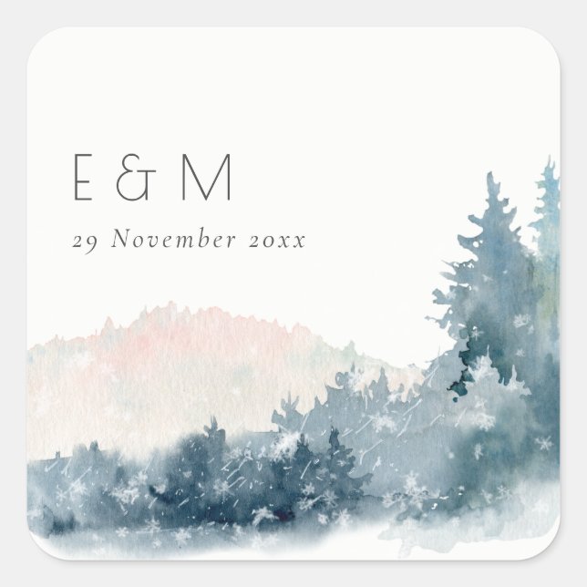 BLUSH DUSKY BLUE MOUNTAINS PINE MONOGRAM WEDDING SQUARE STICKER (Front)