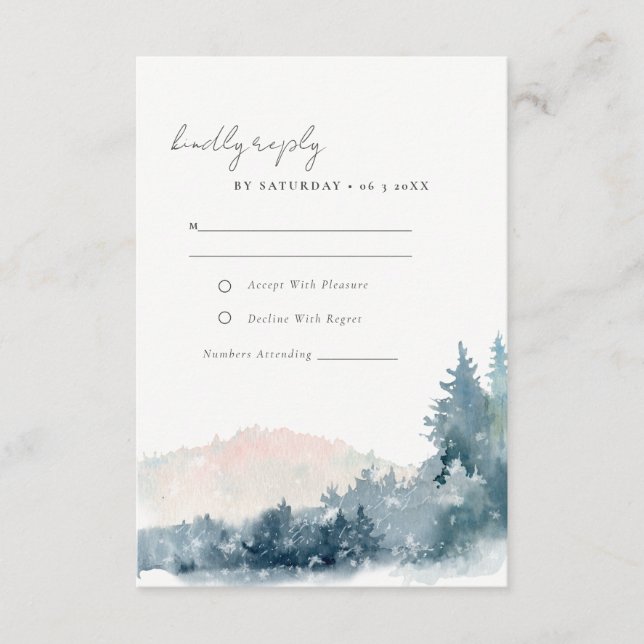 BLUSH DUSKY BLUE MOUNTAINS PINE WEDDING RSVP  ENCLOSURE CARD (Front)