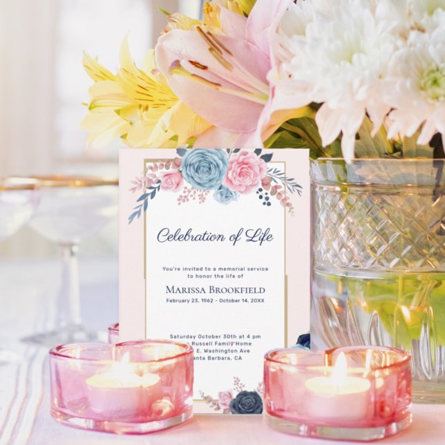 Blush Dusty Blue  Celebration of Life Floral  Invitation (Creator Uploaded)