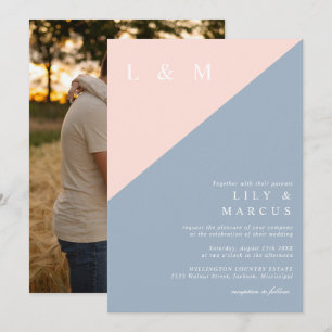Blush Dusty Blue Elegant Minimalist Wedding Photo Invitation