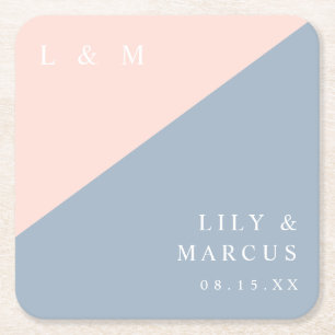 Blush Dusty Blue Minimalist Monogram Wedding Square Paper Coaster